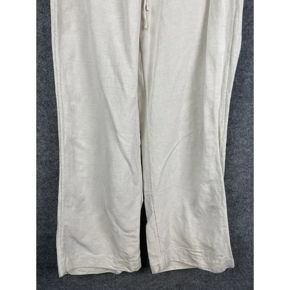 H&M Linen Blend Strech Palazzo Pants, Drawstring Size Large Off White Boho Lagon